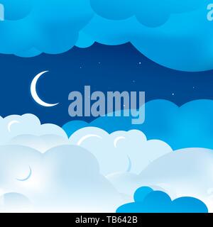 vector illustration. Background of sky with moon and clouds in soft pastels. Stock Vector