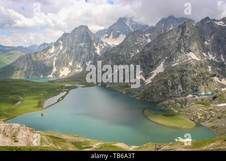 Gangabal and Nundkol Lakes with Mount Harmukh in the background. Great Lakes Trek in Kashmir Stock Photo