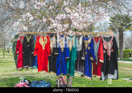 Srinagar, Jammu & Kashmir, India- Dated: May 22, 2019- Traditional Kashmiri dresses on display at a stall in Badamwari Kashmir during the local almond Stock Photo