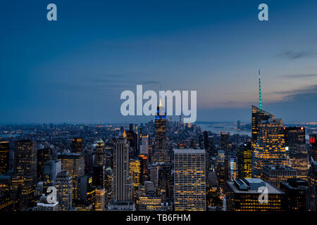 Arial view over the illuminated city of New York, New York City, USA Stock Photo