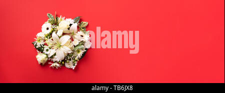 Circle of white flowers over paper red background. Valentines day, Woman day concept. Spring or summer banner with copy space. Stock Photo