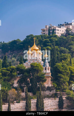 The Russian Orthodox church of Mary Magdalene at the mount Olives in Jerusalem , Israel