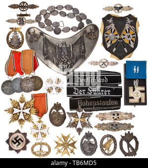 A group of 29 high-quality collector's reproductions, Including a cased U-Boat War Badge with brilliants, a cased Spanish Cross in Gold, various grades of the Order of the German Eagle, the High Seas Fleet War Badge, Parachutist Badge, Tank Battle Badge, Close Combat and Squadron clasps, cased German Cross in Silver, cased SS Long Service Award, badges and gorgets for flag bearers, several cuff titles etc. medal, decoration, medals, decorations, badge of honour, badge of honor, badges of honour, badges of honor, object, objects, stills, clipping, clippings, cut out, cut-out, Editorial-Use-Only Stock Photo