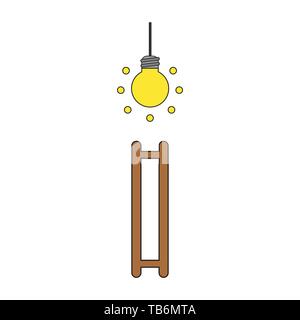 Vector icon concept of glowing light bulb and wooden ladder with missing steps. Black outlines and colored. Stock Vector
