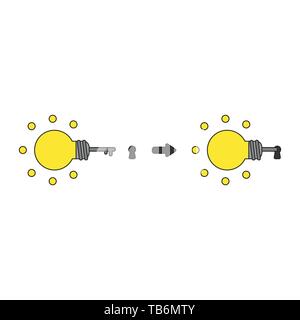 Vector icon concept of glowing yellow light bulb key into keyhole. Black outlines and colored. Stock Vector