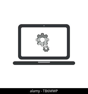 Vector icon concept of gears inside laptop computer. Black outlines and colored. Stock Vector
