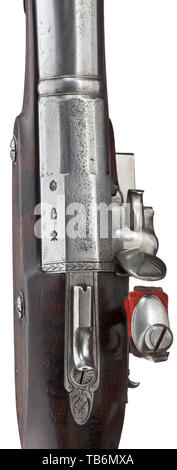 A blunderbuss pistol with spring-loaded bayonet, Ryan & Watson in Birmingham, circa 1800, Octagonal, after facets and balusters round barrel with tunnel-shaped muzzle, at top a spring-loaded bayonet, several acceptance marks at the breech. Engraved flintlock with sliding safety, signed lock plate. Walnut full stock with en suite engraved iron furniture. Wooden ramrod with horn tip and bullet puller. Length 27 cm. civil handgun, civil handguns, handheld, gun, guns, firearm, fire arm, firearms, fire arms, weapons, arms, weapon, arm, historic, histo, Additional-Rights-Clearance-Info-Not-Available Stock Photo