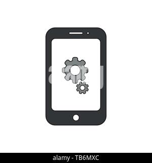 Vector icon concept of grey gears inside smartphone. Black outlines and colored. Stock Vector