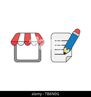 Vector icon concept of shop store with pencil writing on paper. Black outlines and colored. Stock Vector