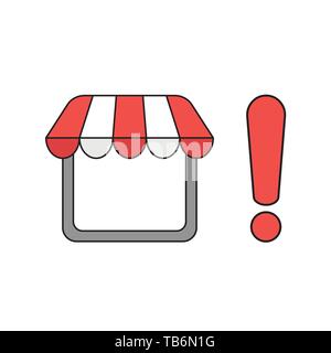 Vector icon concept of shop store with exclamation mark. Black outlines and colored. Stock Vector