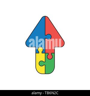 Vector icon concept of four connected arrow jigsaw puzzle pieces moving up. Black outlines and colored. Stock Vector