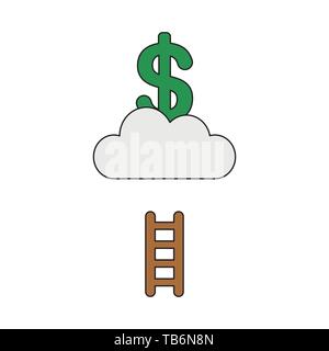 Vector icon concept of dollar symbol on cloud with short wooden ladder. Black outlines and colored. Stock Vector