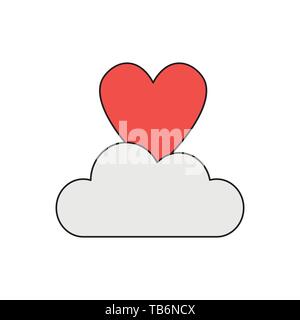 Vector icon concept of red heart on cloud. Black outlines and colored. Stock Vector