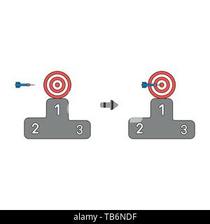 Vector icon concept of bulls eye with dart in the center on first place of winners podium. Black outlines and colored. Stock Vector