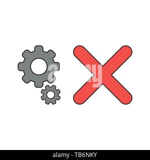 Vector icon concept of gears with x mark. Black outlines and colored. Stock Vector
