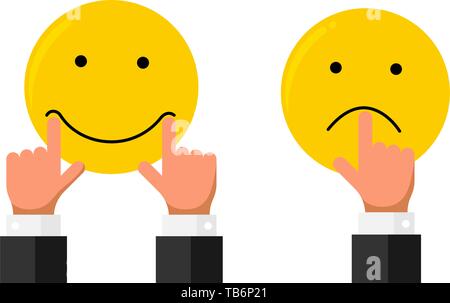 Businessman hand finger stretch pull on mouth lips on smiley emoji smile and sad emotion like rating. Online feedback reputation quality customer revi Stock Vector