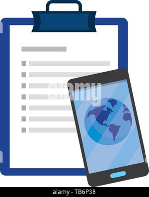 checklist and cellphone with globe icon cartoon vector illustration ...