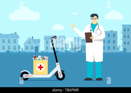 Medical delivery from pharmacy. White man doctor in glasses and uniform gown with stethoscope stand beside electric scooter with medications supplies  Stock Vector