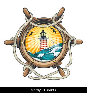 Ship wheel with lighthouse and seascape inside. Vector illustration. Stock Vector