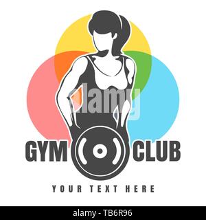Fitness club or Gym emblem in retro style. Athletic Woman holds Weight plate. Vector illustration. Stock Vector