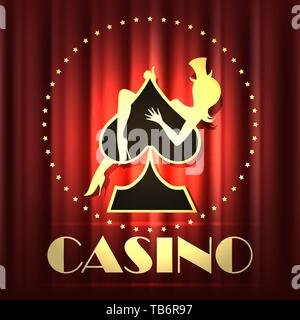 Casino Emblem with girl on sign of spades and wording Casino on red curtain stage. Vector illustration. Stock Vector