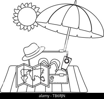 summer vacation relax time travel holidays vacations beach scene elements over towel under sun umbrella holidays relax set with bright sun cartoon vector illustration graphic design. Stock Vector