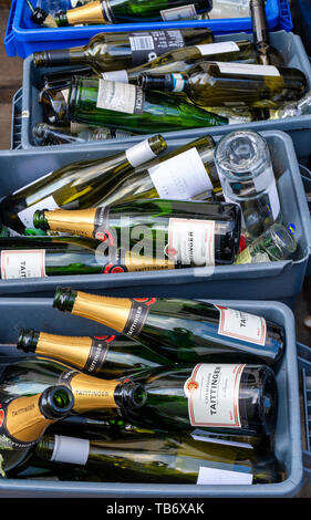 Empty taittinger champagne and wine bottles outside a london pub. Belgravia, London, England Stock Photo
