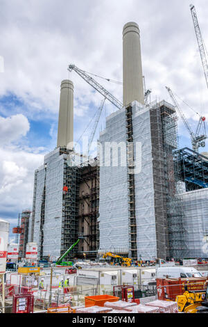 Scaffolding around the closed Battersea Power Station, now a major re-development site. Stock Photo