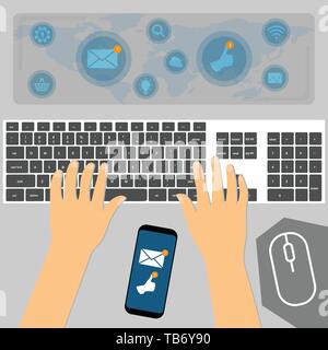 Top view of hands using keyboard with the smartphone between them, internet concept Stock Vector