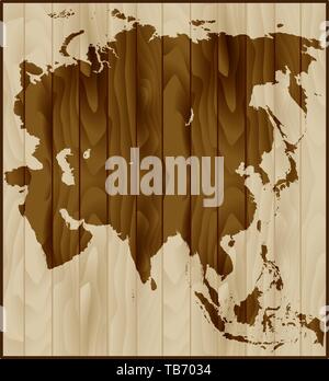 Vector map of Asia on wood background Stock Vector
