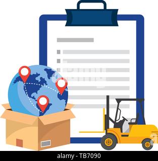 checklist with lift truck and box with globe and location pointer vector illustration graphic design Stock Vector