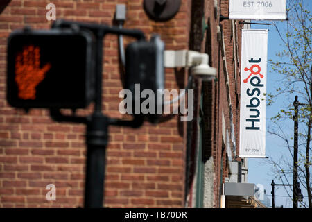 A logo sign outside of the headquarters of HubSpot in Cambridge, Massachusetts on April 29, 2019. Stock Photo