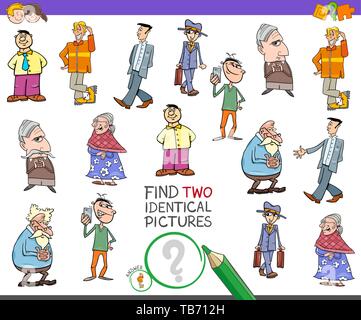 Cartoon Illustration of Finding Two Identical Pictures Educational Game for Children with Comic People Stock Vector