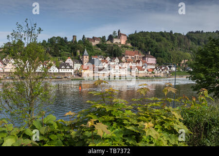 View of the small town Hirschhorn with castle and Neckar, Odenwald, Hesse, Germany Stock Photo