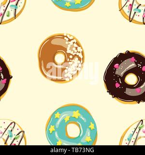 Glazed Donuts seamless pattern. Bakery Vector illustration. Top View doughnuts with glaze Stock Vector