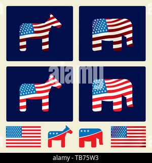 Vector illustration. USA political icons over buttons. Gradient and flat styles. Stock Vector