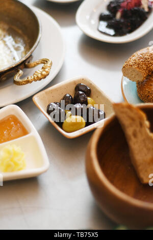 Turkish breakfast with various plates on a table Stock Photo