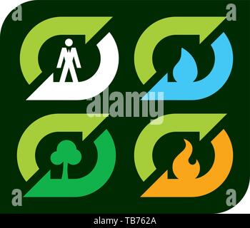 Vector illustration. Four recycle symbols. People, water nature fire Stock Vector