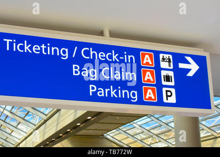 Orlando, Florida.  March 01, 2019. Top view of Terminal A Ticketing and Check-in sign at Orlando International Airport . Stock Photo