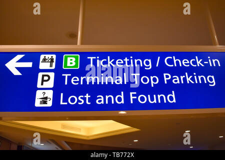 Orlando, Florida.  March 01, 2019. Top view of Terminal B Ticketing and Check-in sign at Orlando International Airport  (1) Stock Photo