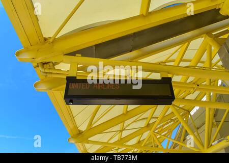 Orlando, Florida.  March 01, 2019. Top view of United Airlines (UA) electronic sign at Orlando International Airport . Stock Photo