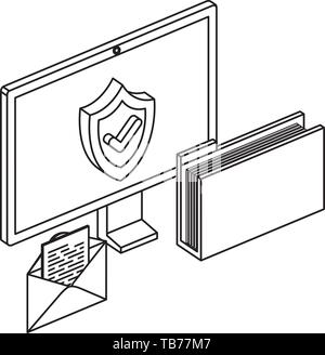 computer monitor with folder and envelope Stock Vector