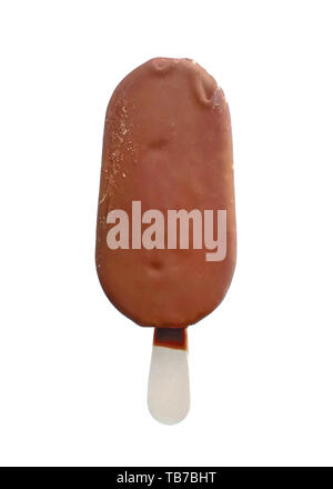 Ice cream, popsicle in brown chocolate, on a stick, top view isolated on a white background, with a path Stock Photo