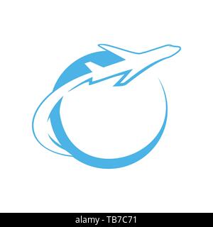 Blue Globe Airplane Flight Swoosh Vector Symbol Graphic Logo Design Template Stock Vector