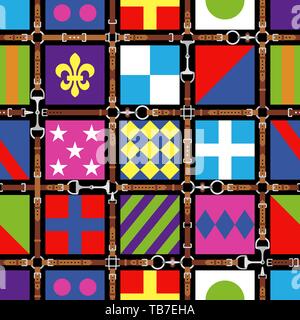 Seamless pattern. Print jockey uniform. Leather horse riding tack tool. Equestrian sport. Traditional design. Silk. Horse racing. Vector illustration Stock Vector