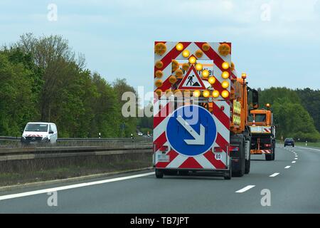 Warnings with a vehicle of the motorway maintenance authorities on the highway, Germany Stock Photo