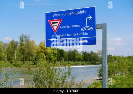 Dangers, sign for boaters in front of weir at the Isar, district Thalkirchen, Munich, Upper Bavaria, Bavaria, Germany Stock Photo