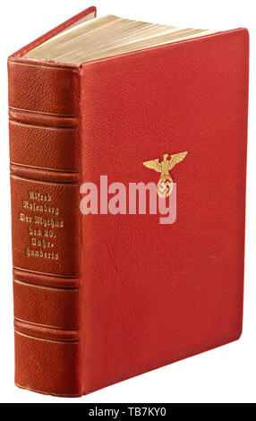 Alfred Rosenberg - a signed deluxe edition of "Der Mythus des 20. Jahrhunderts", 1935, 773 gilt-edged pages with red Morocco leather binding, an early form party eagle embossed in gold on the front cover, the book spine with gold-embossed author and title. Handwritten sigature "A.Rosenberg" in pencil on the flyleaf. Very rare. 20th century, 1930s, NS, National Socialism, Nazism, Third Reich, German Reich, Germany, German, National Socialist, Nazi, Nazi period, fascism, historic, historical, Editorial-Use-Only Stock Photo