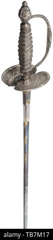 A French silver-mounted small-sword, circa 1780, Gilt blade of triangular section, slightly stained, etched and blued. Silver hilt with part-openwork design and flower ornaments in fine relief, grip elaborately wrapped with wire and bands both made of silver. Velvet-covered scabbard with smooth silver fittings and suspension chain with belt clasp, the clasp with monogram 'JB'. Length 102 cm. sword, swords, weapons, arms, weapon, arm, fighting device, military, militaria, object, objects, stills, clipping, clippings, cut out, cut-out, cut-outs, me, Additional-Rights-Clearance-Info-Not-Available Stock Photo