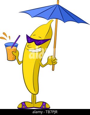 Summer Holiday Symbol, Cartoon Banana Character with Beach Parasol, Sunglasses and Cocktail, Isolated on White Background. Vector Stock Vector